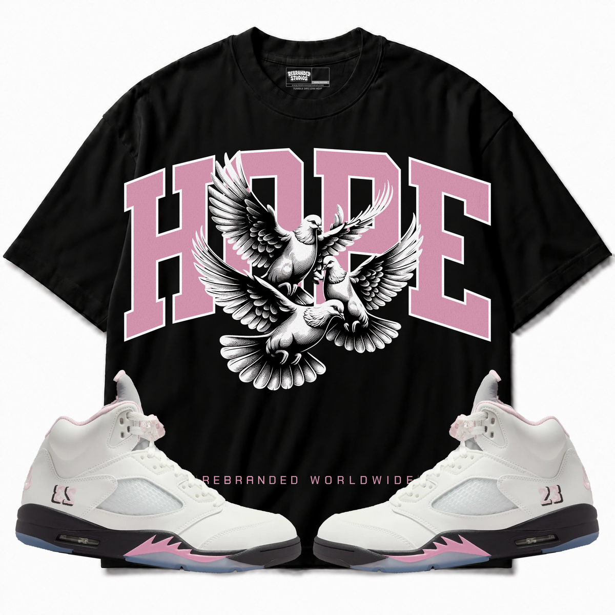 Rebranded Studios apparel — front styled with matching sneakers