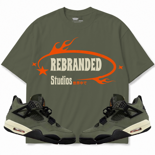 Rebranded Studios apparel — front styled with matching sneakers