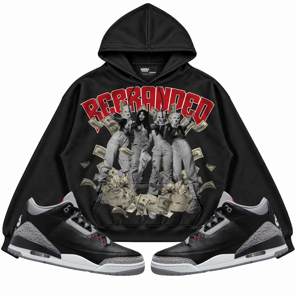 Rebranded Studios apparel — front styled with matching sneakers