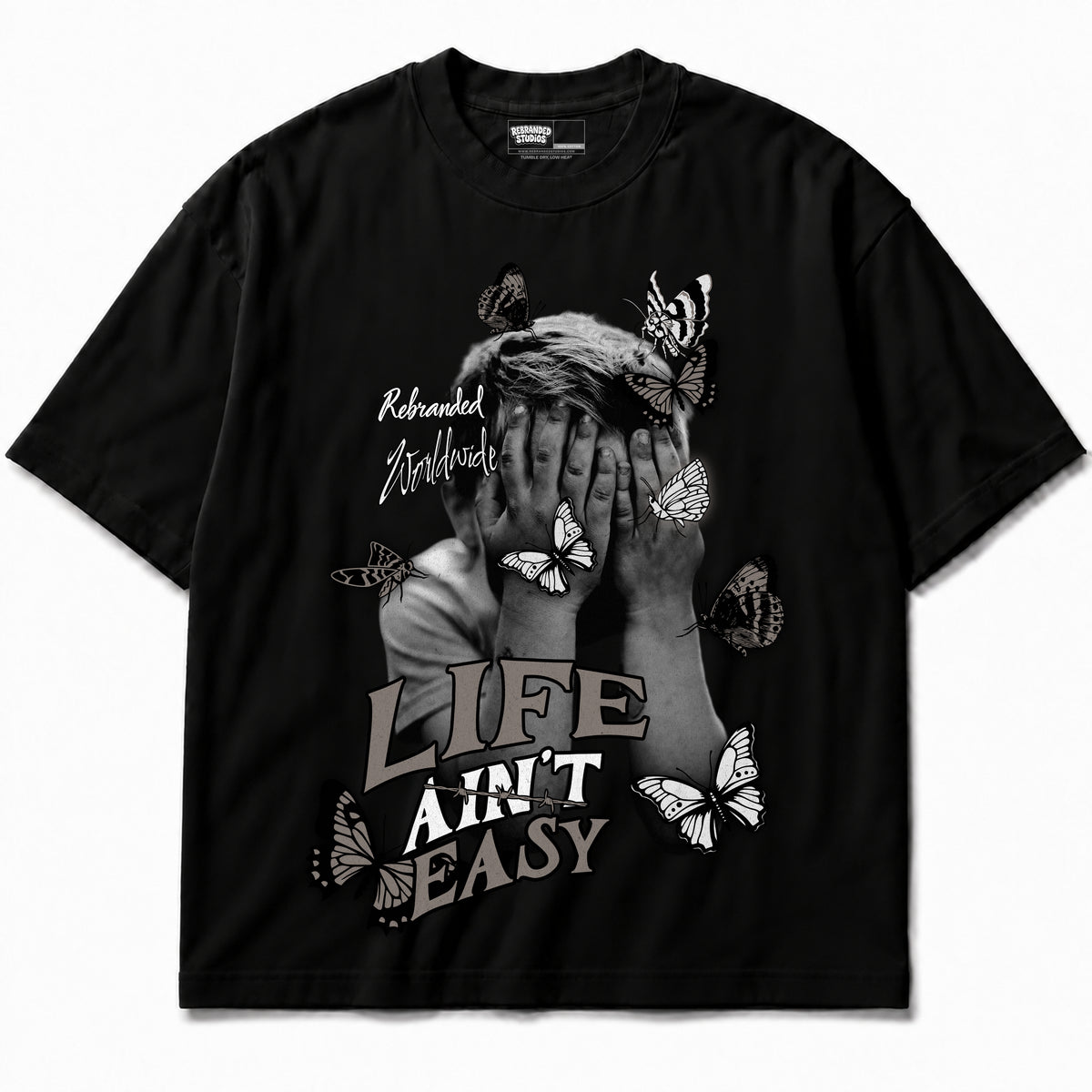Rebranded Studios apparel — front without sneakers