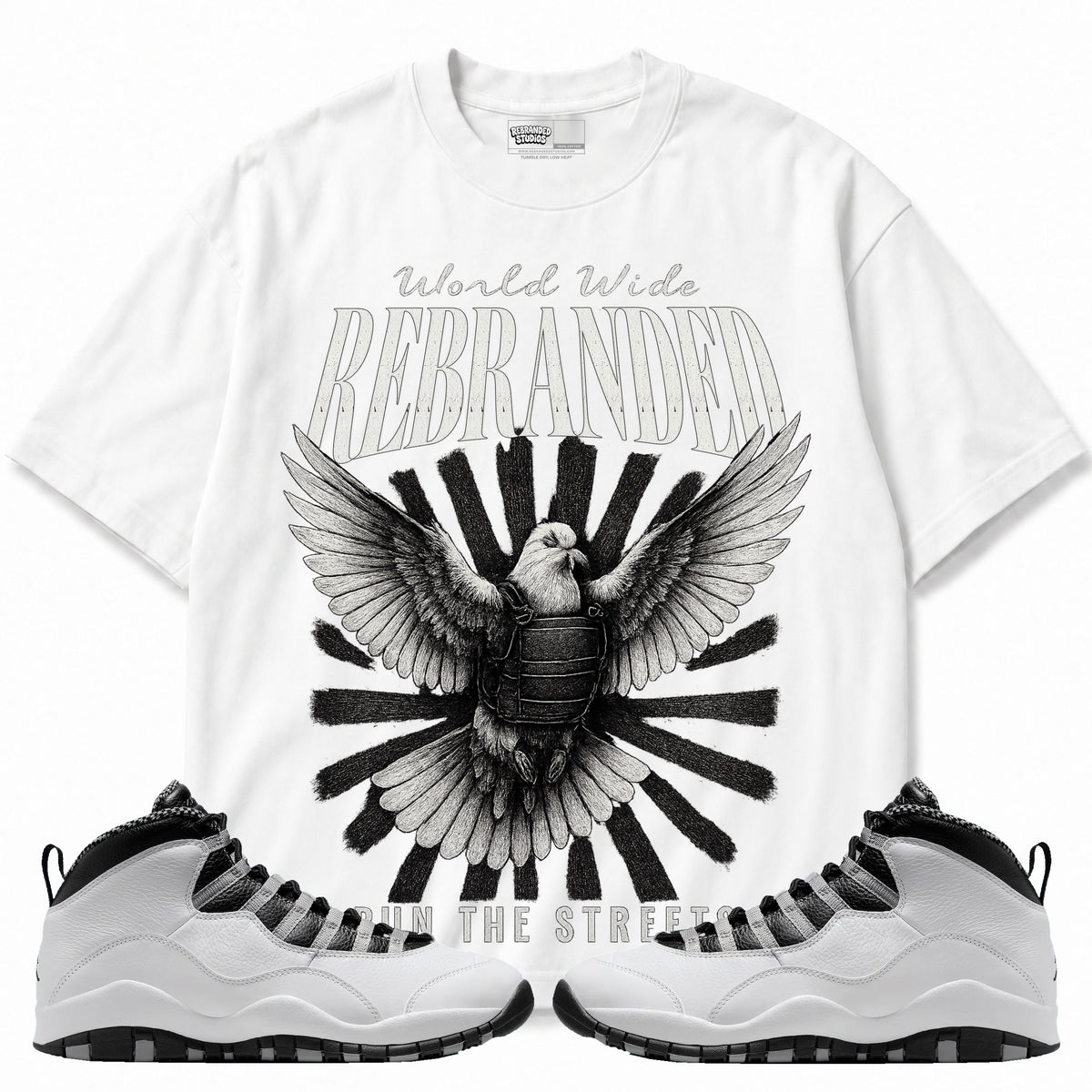 Rebranded Studios apparel — front styled with matching sneakers