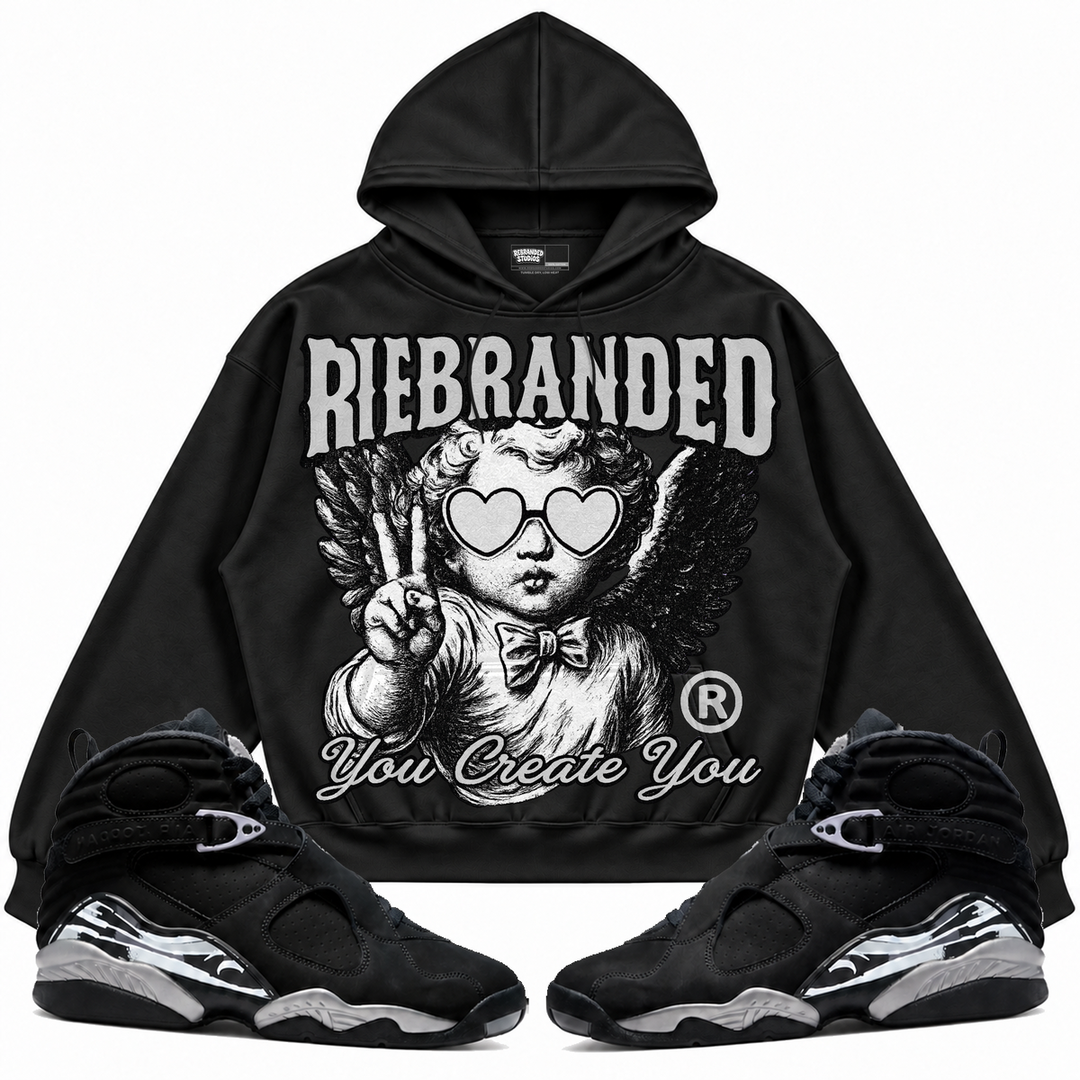 Rebranded Studios apparel — front styled with matching sneakers