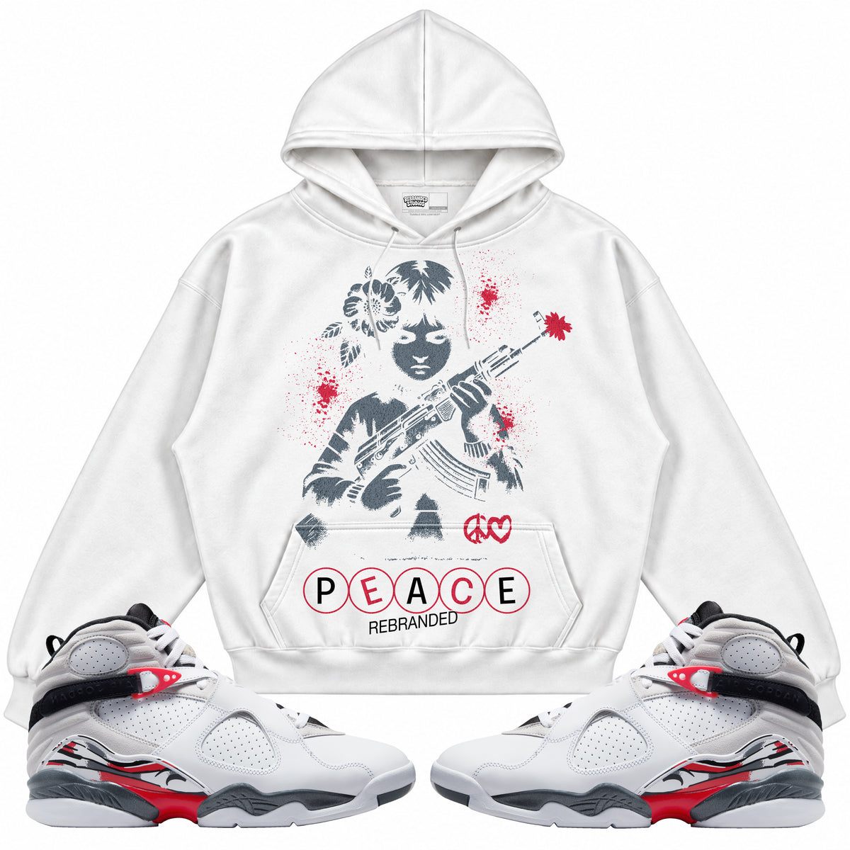 Rebranded Studios apparel — front styled with matching sneakers