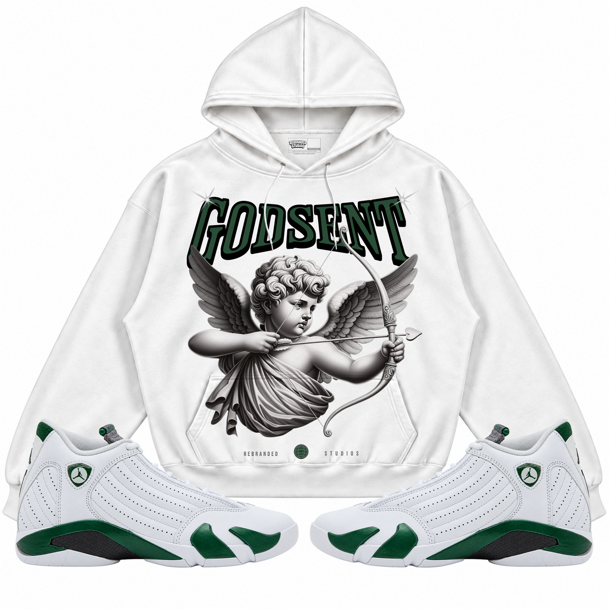 Rebranded Studios apparel — front styled with matching sneakers