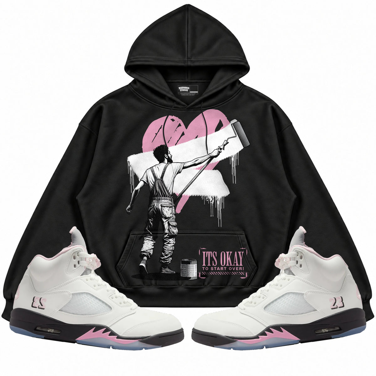 Rebranded Studios apparel — front styled with matching sneakers