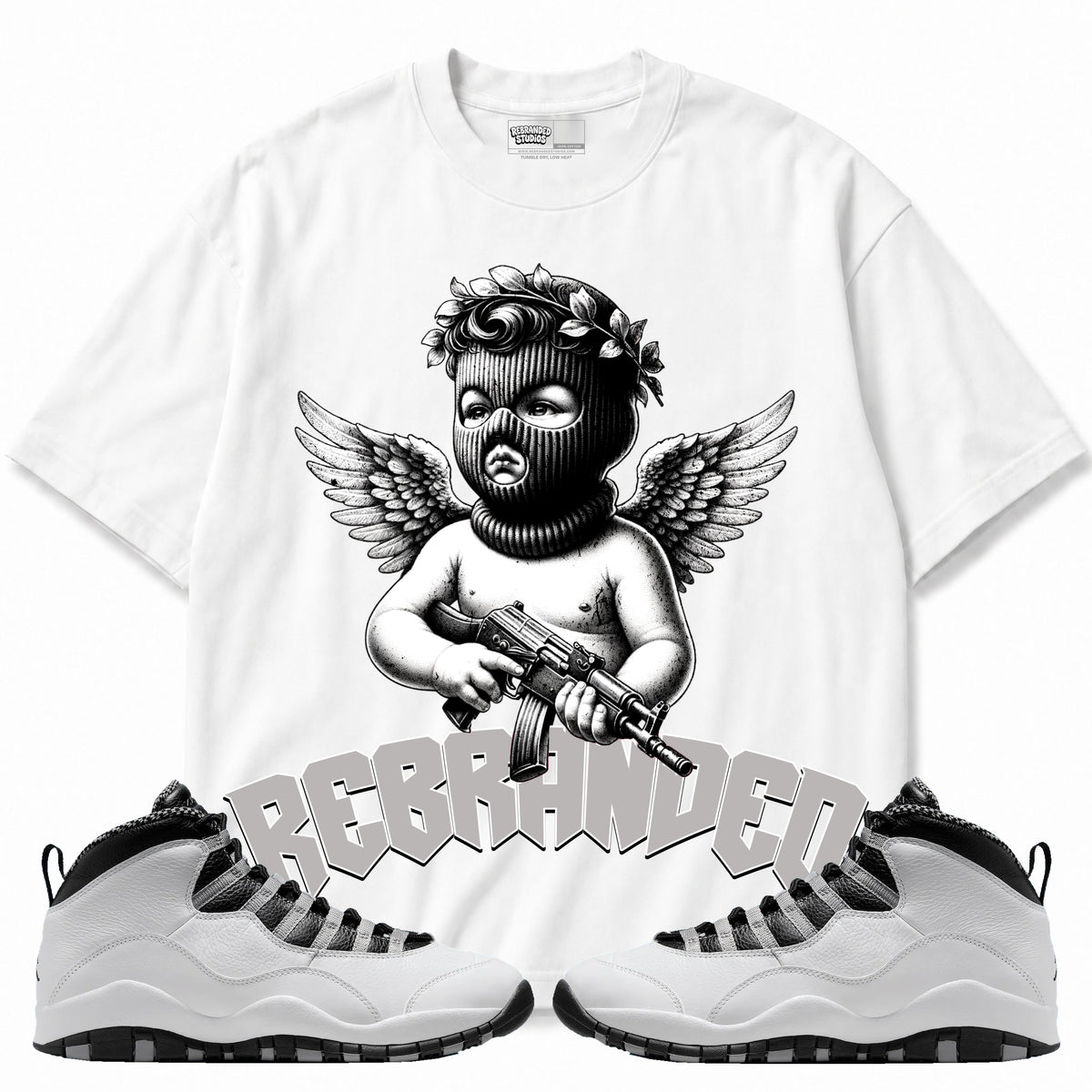 Rebranded Studios apparel — front styled with matching sneakers