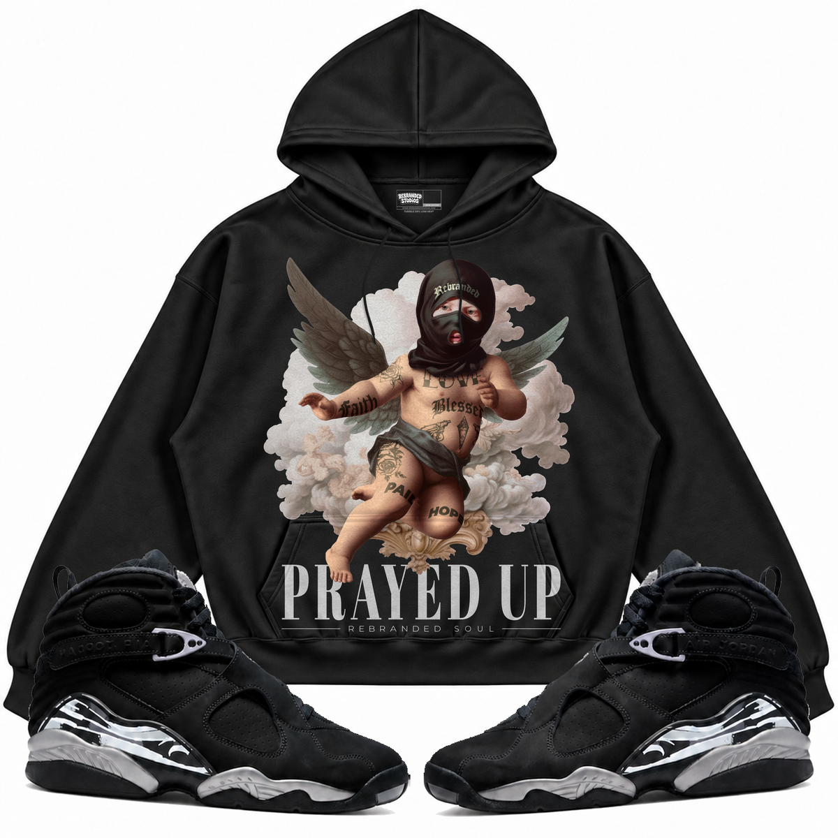Rebranded Studios apparel — front styled with matching sneakers