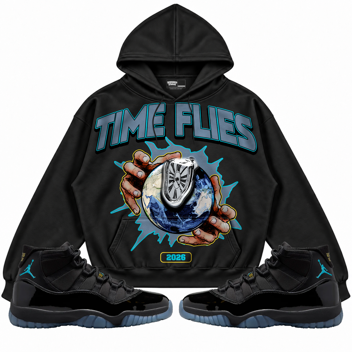 Rebranded Studios apparel — front styled with matching sneakers