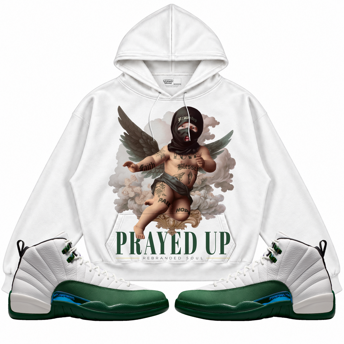 Rebranded Studios apparel — front styled with matching sneakers