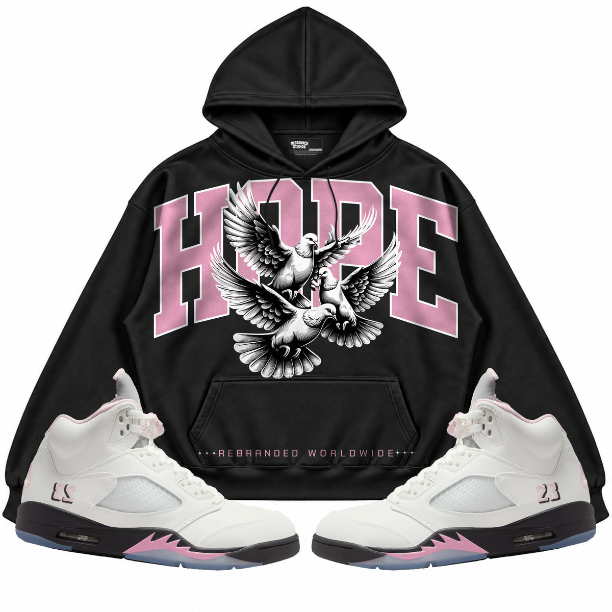 Rebranded Studios apparel — front styled with matching sneakers