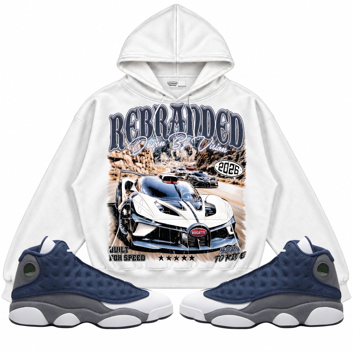 Rebranded Studios apparel — front styled with matching sneakers