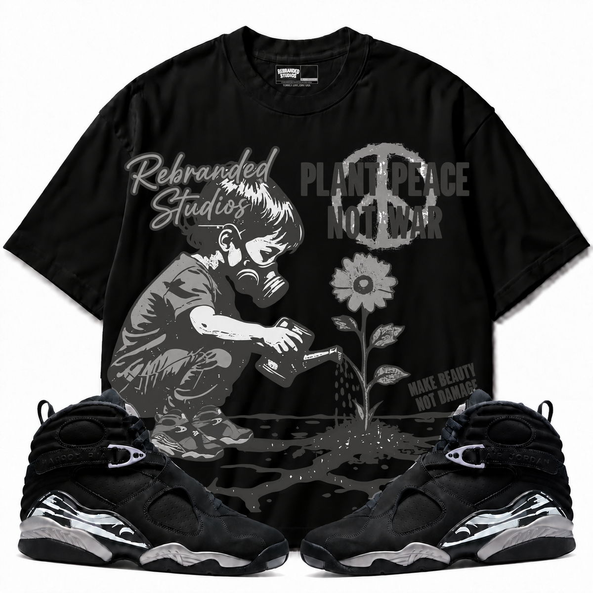 Rebranded Studios Plant Peace Chrome 8 tee — front with sneakers — approved cartoon artwork