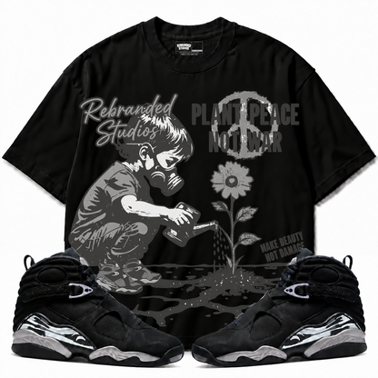 Rebranded Studios Plant Peace Chrome 8 tee — front with sneakers — approved cartoon artwork