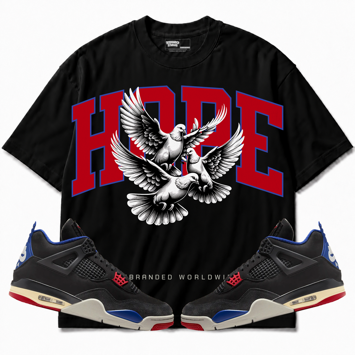 Rebranded Studios apparel — front styled with matching sneakers