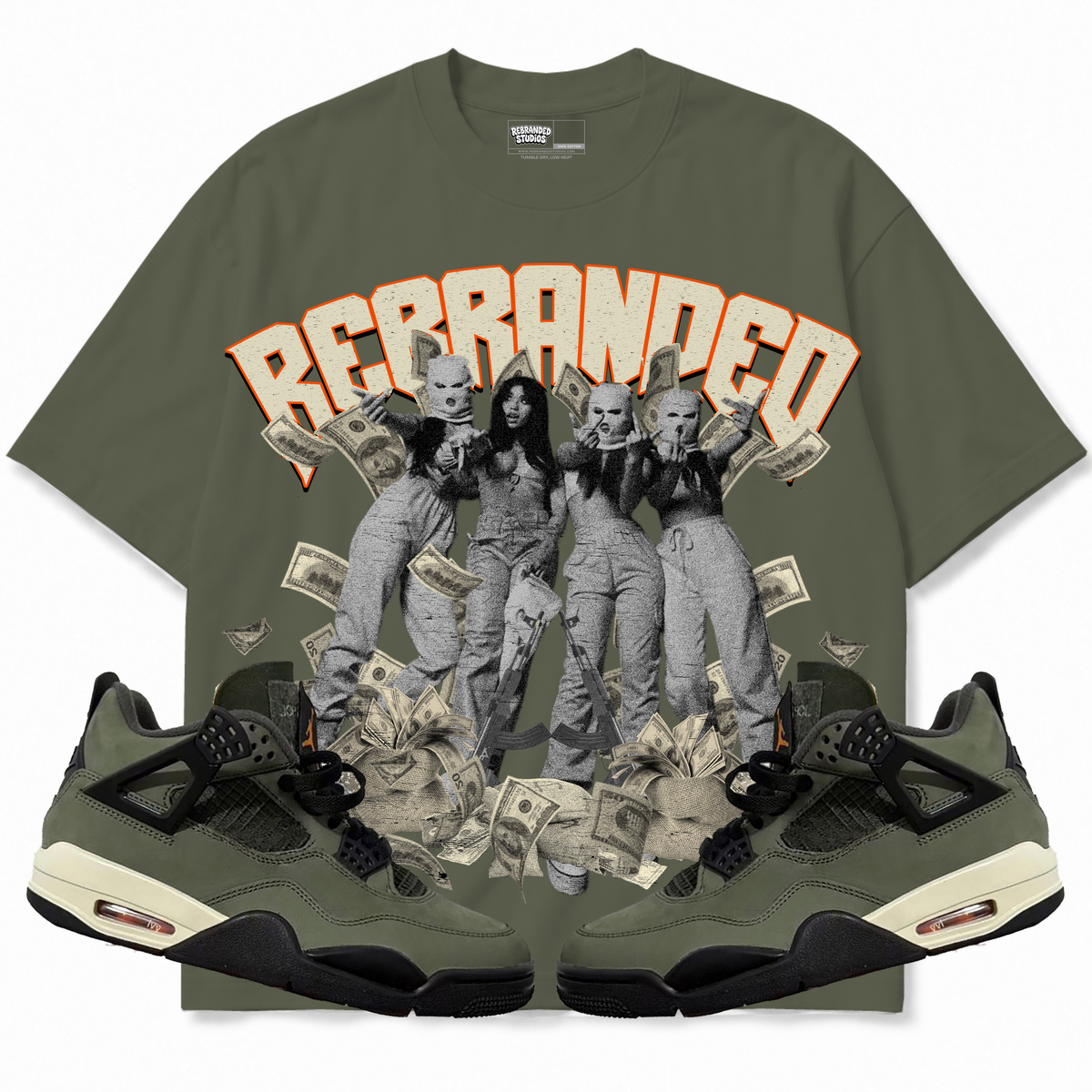 Rebranded Studios apparel — front styled with matching sneakers