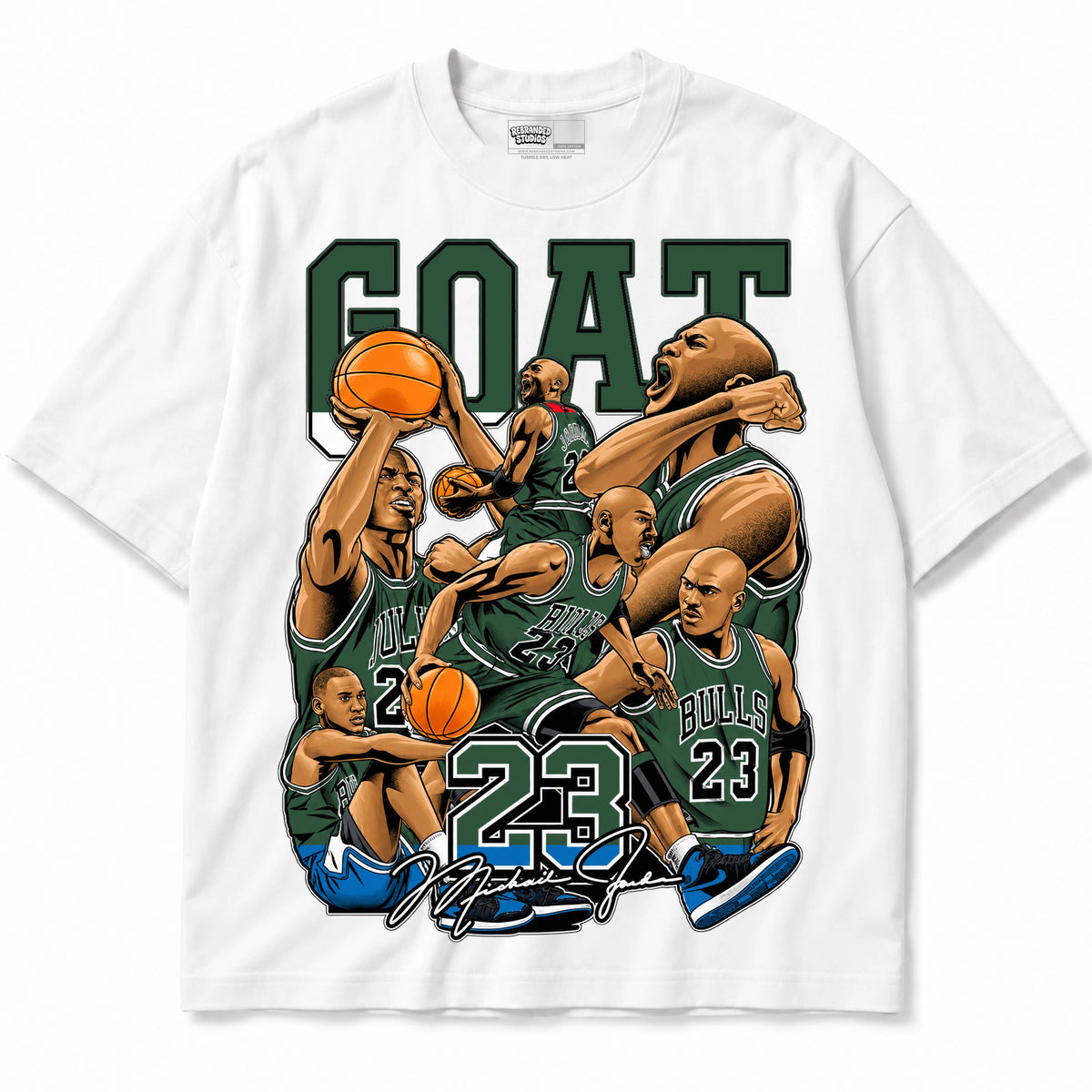 Rebranded Studios GOAT Michael Jordan Air Jordan 12 Bucks T-shirt — front