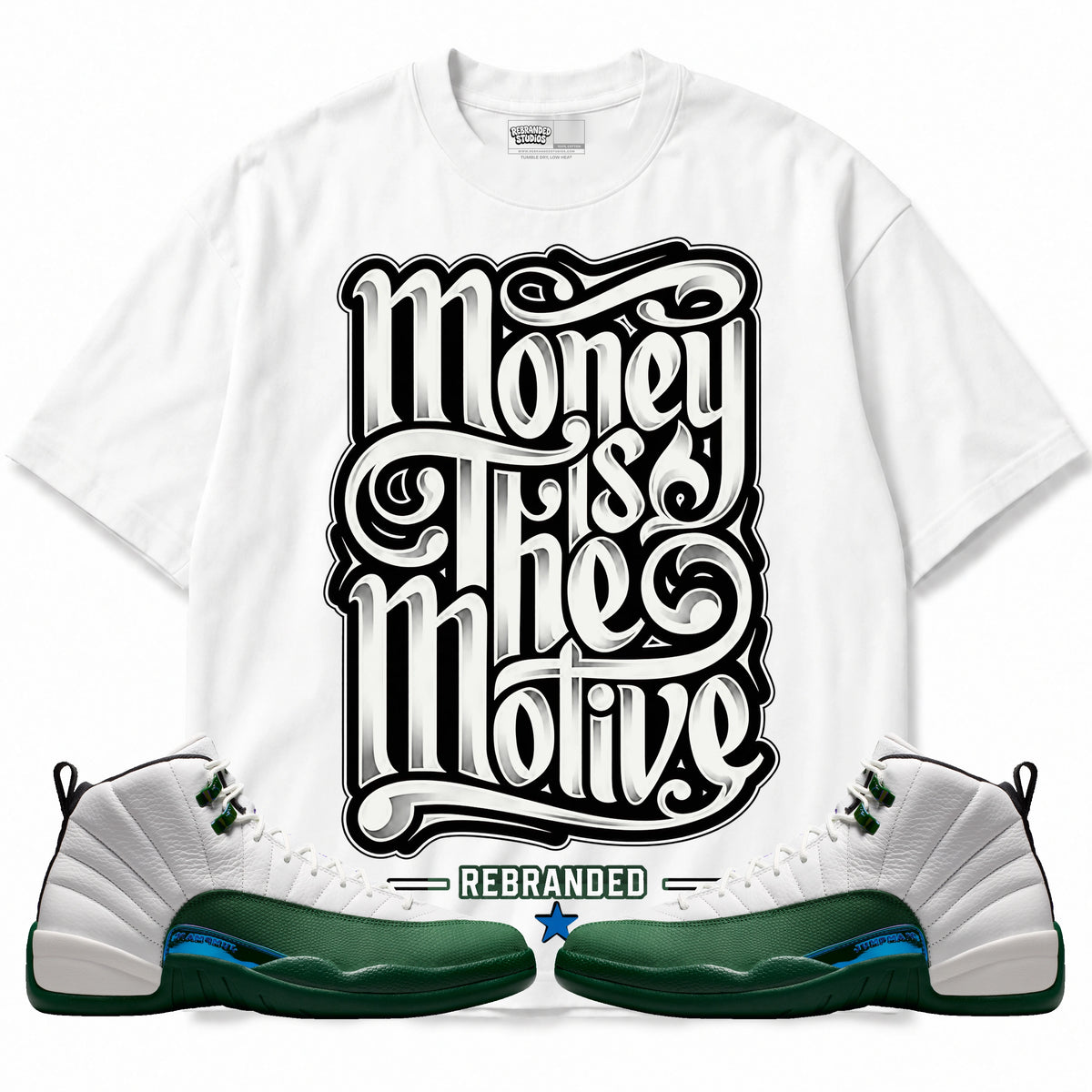 Rebranded Studios Money Is The Motive Air Jordan 12 Bucks T-shirt — main