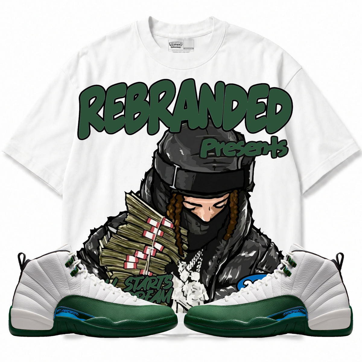 Rebranded Studios It All Start's With A Dream Air Jordan 12 Bucks T-shirt — main