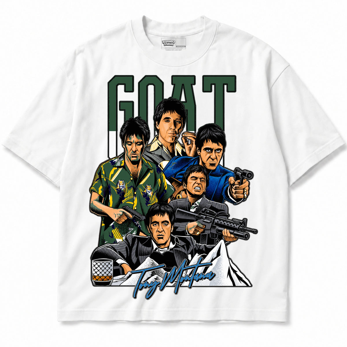 Rebranded Studios GOAT Scarface Air Jordan 12 Bucks T-shirt — front