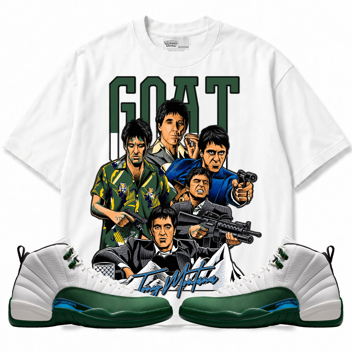 Rebranded Studios GOAT Scarface Air Jordan 12 Bucks T-shirt — main