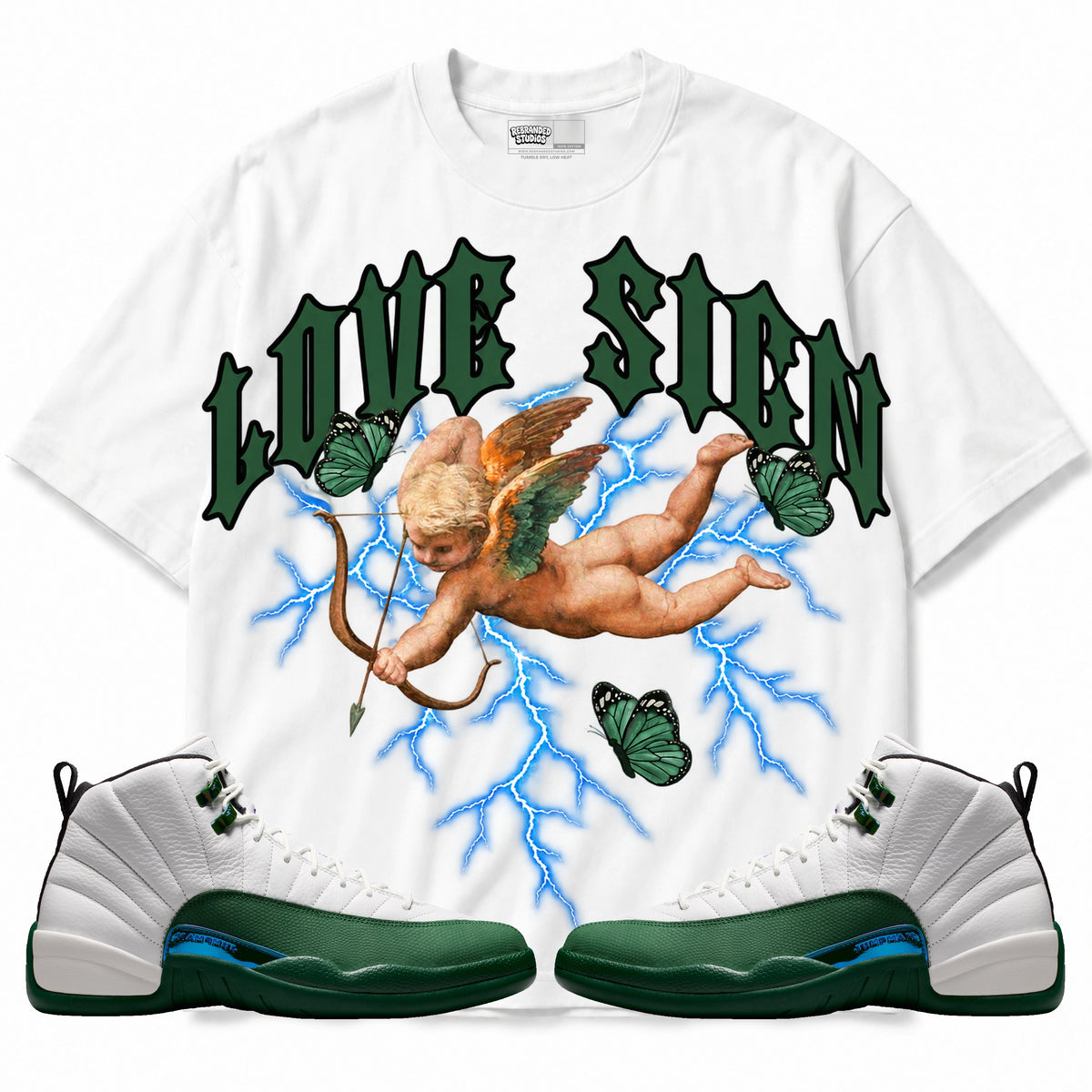 Rebranded Studios Love Sign Air Jordan 12 Bucks T-shirt — main