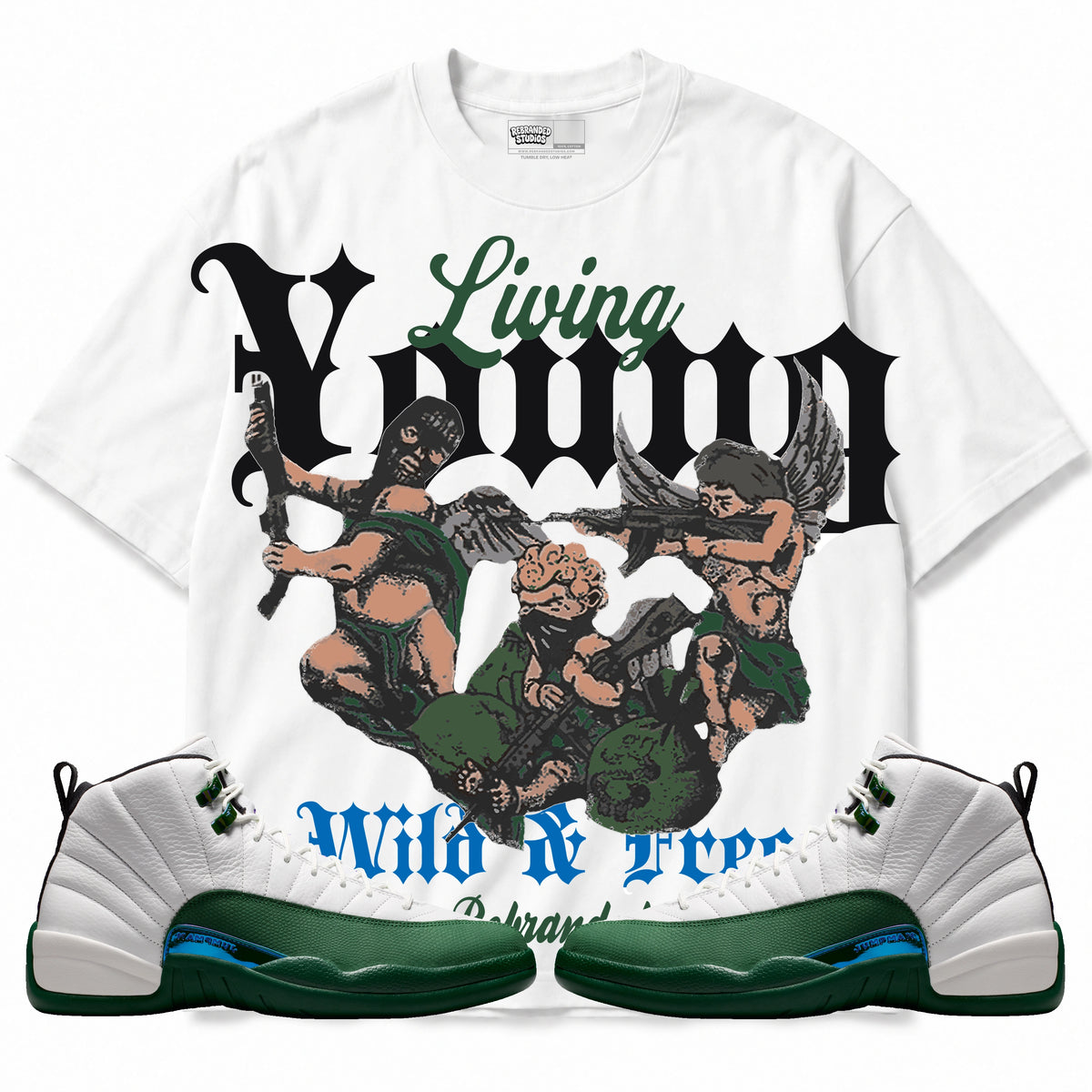 Rebranded Studios Living Young Wild And Free Air Jordan 12 Bucks T-shirt — main
