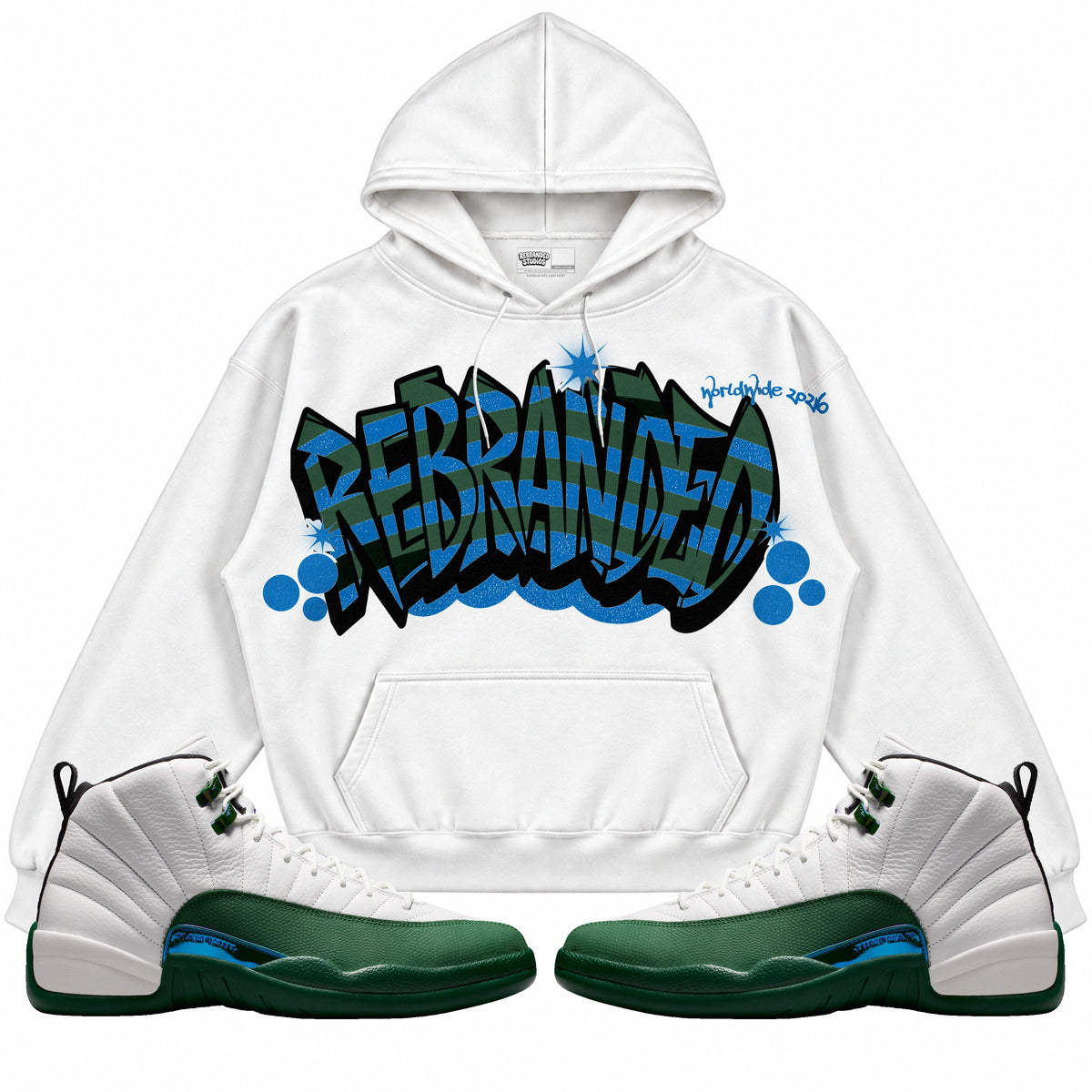 Rebranded Studios Stacked Graffiti Air Jordan 12 Bucks Hoodie — main