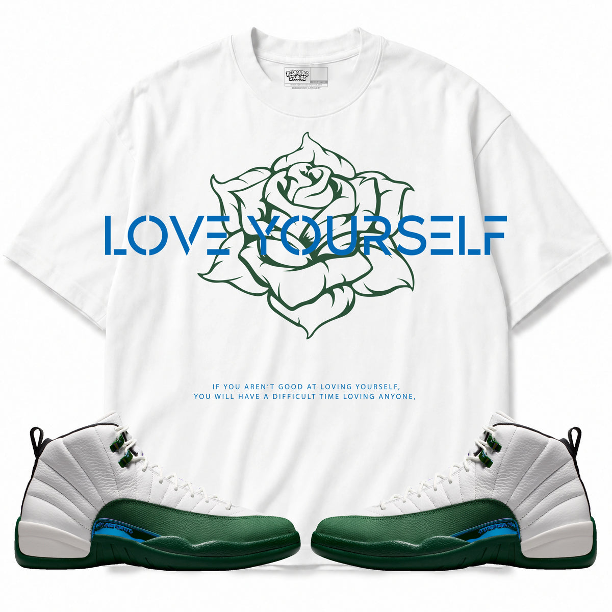 Rebranded Studios Love Yourself Air Jordan 12 Bucks T-shirt — main