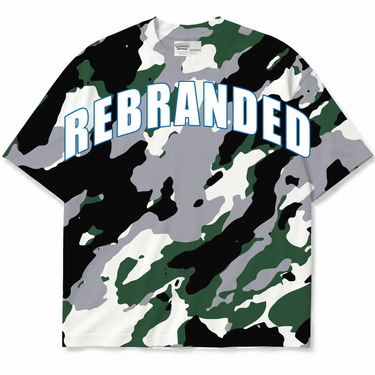 Rebranded Studios Arched Wordmark Air Jordan 12 Bucks T-shirt — front