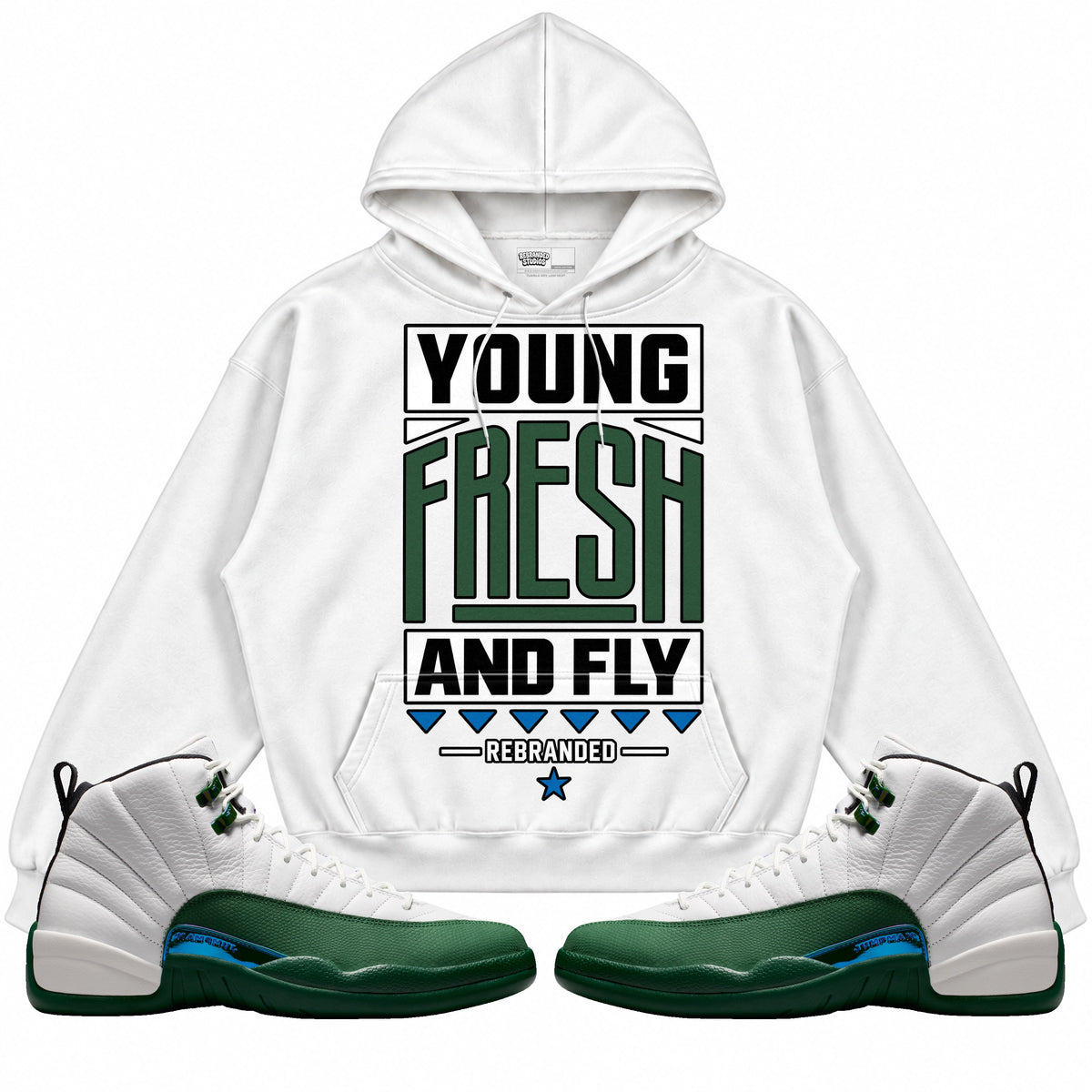 Rebranded Studios Young Fresh And Fly Air Jordan 12 Bucks Hoodie — main