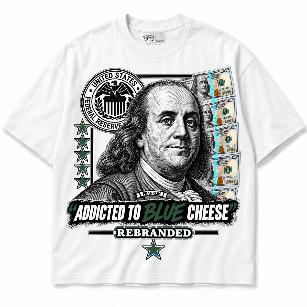 Rebranded Studios Addicted To Blue Cheese Air Jordan 12 Bucks T-shirt — front