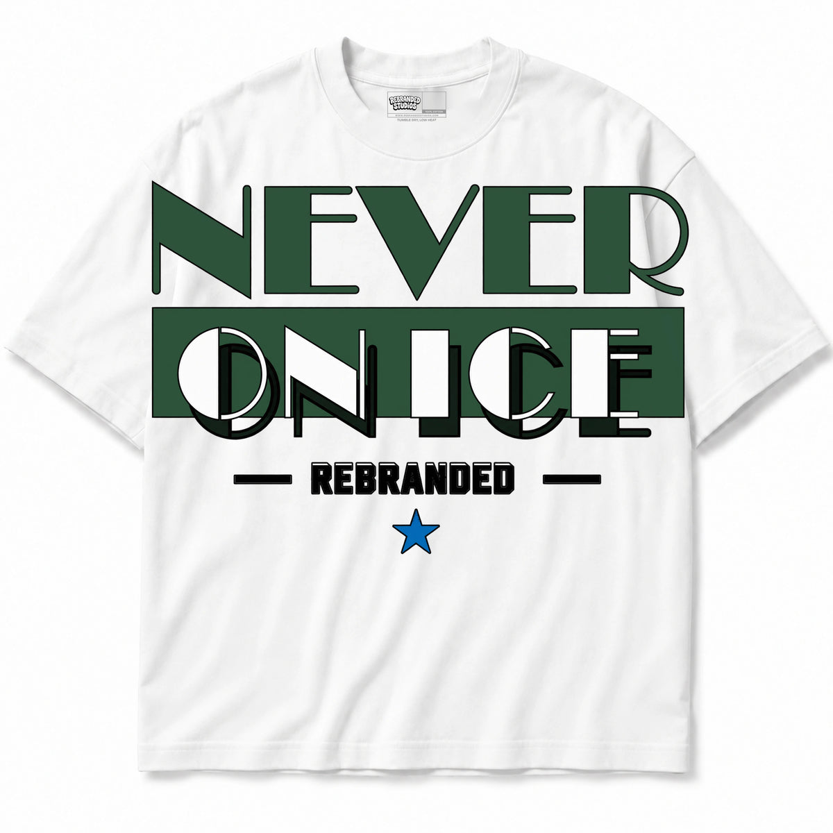 Rebranded Studios Never On Ice Air Jordan 12 Bucks T-shirt — front