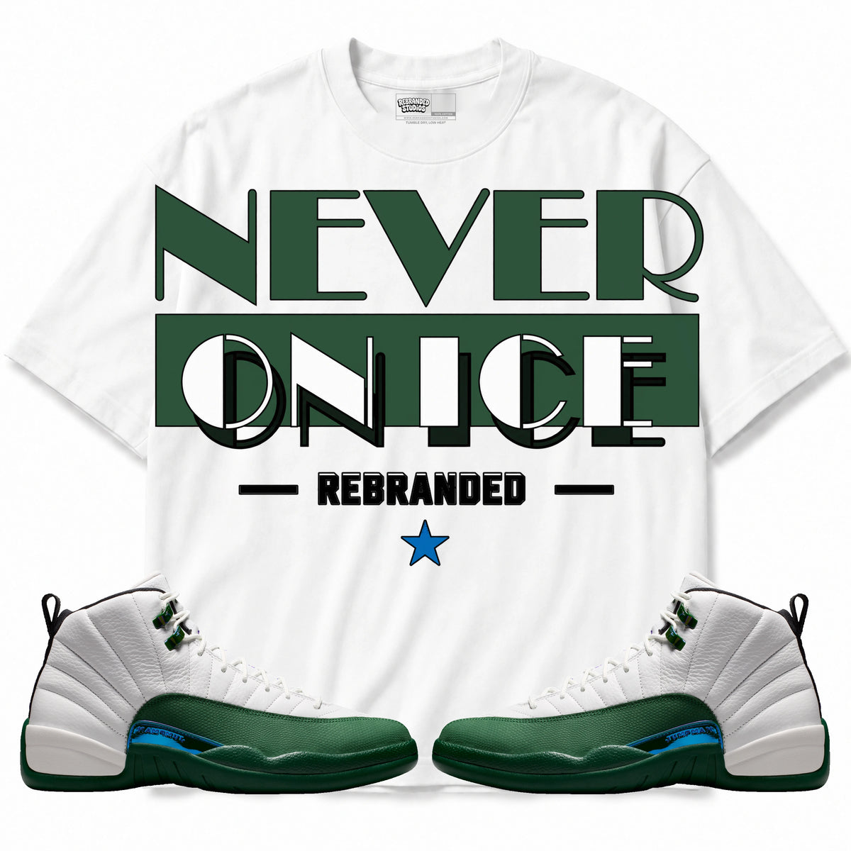 Rebranded Studios Never On Ice Air Jordan 12 Bucks T-shirt — main