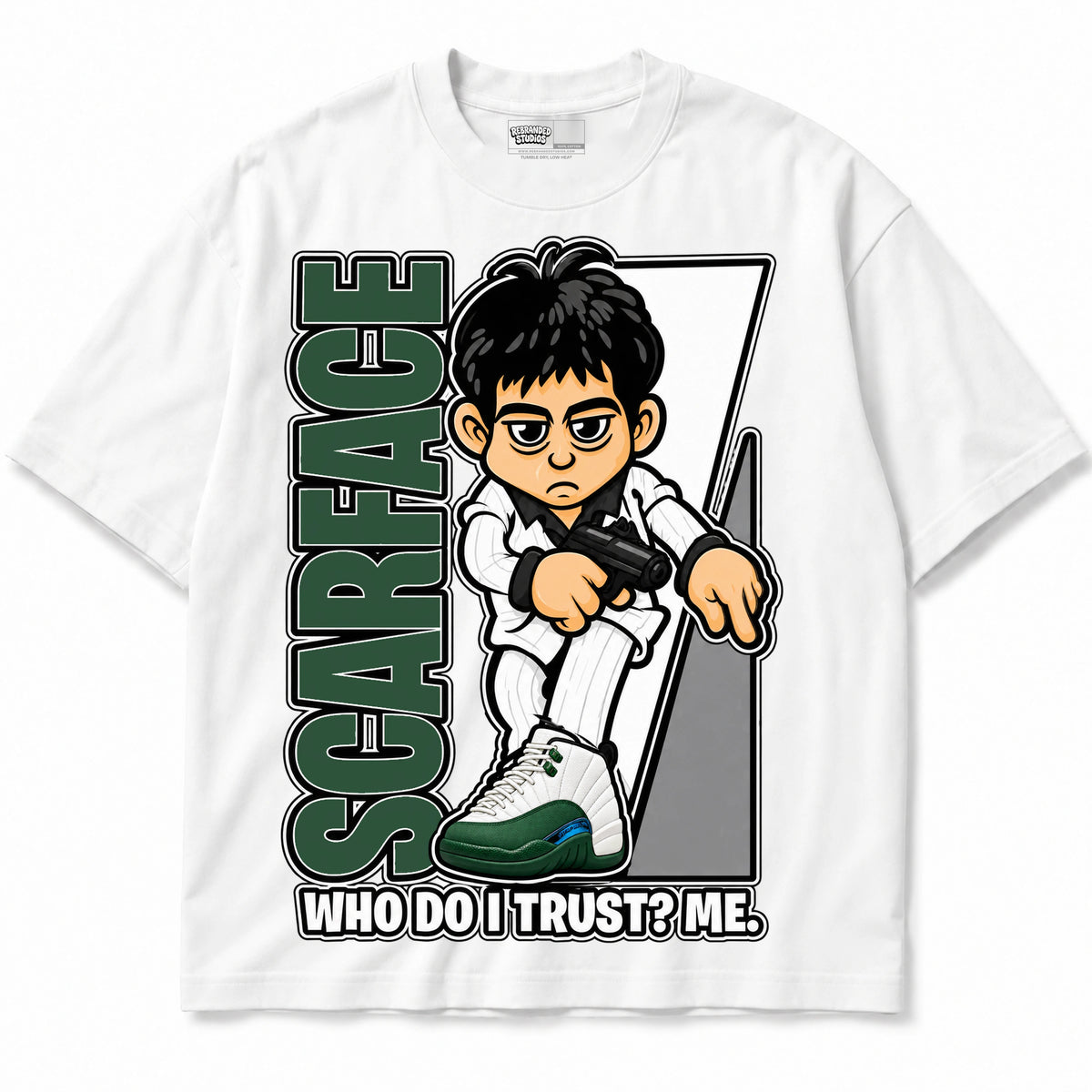 Rebranded Studios Scarface Who Do I Trust Me Air Jordan 12 Bucks T-shirt — front