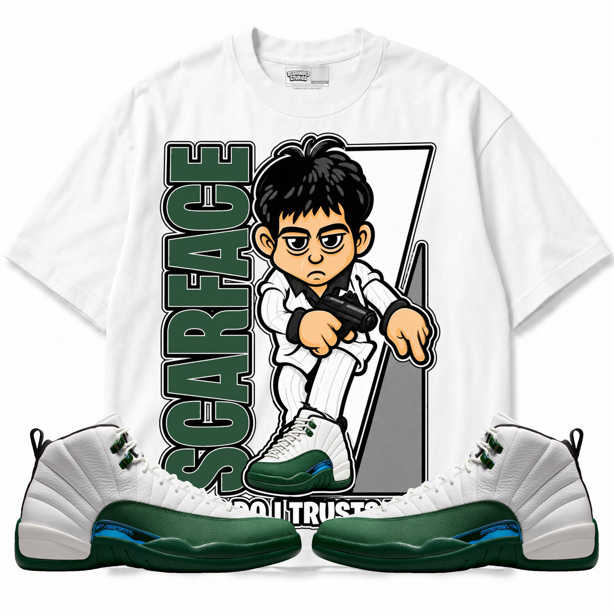 Rebranded Studios Scarface Who Do I Trust Me Air Jordan 12 Bucks T-shirt — main
