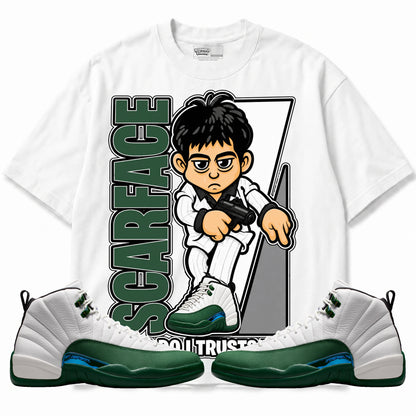 Rebranded Studios Scarface Who Do I Trust Me Air Jordan 12 Bucks T-shirt — main
