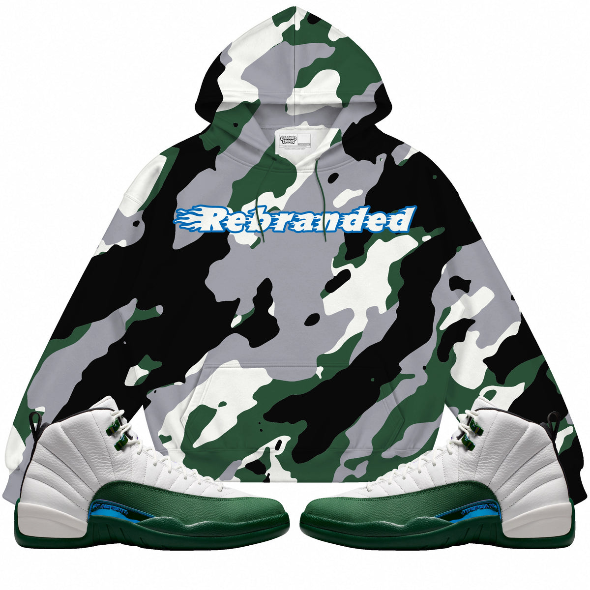 Rebranded Studios Flame Wordmark Air Jordan 12 Bucks Hoodie — main