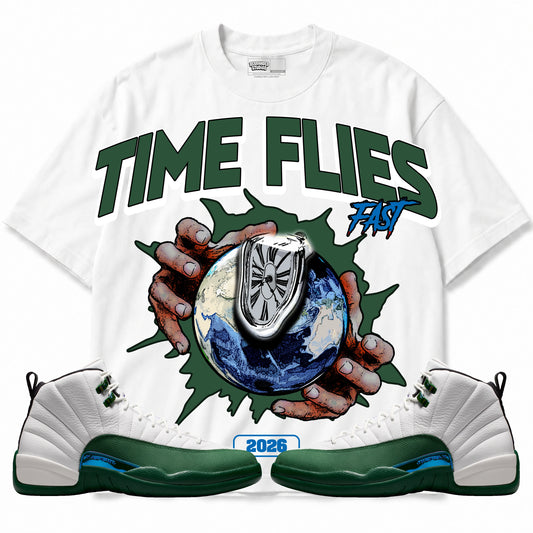 Rebranded Studios Time Flies 2.0 Air Jordan 12 Bucks T-shirt — main