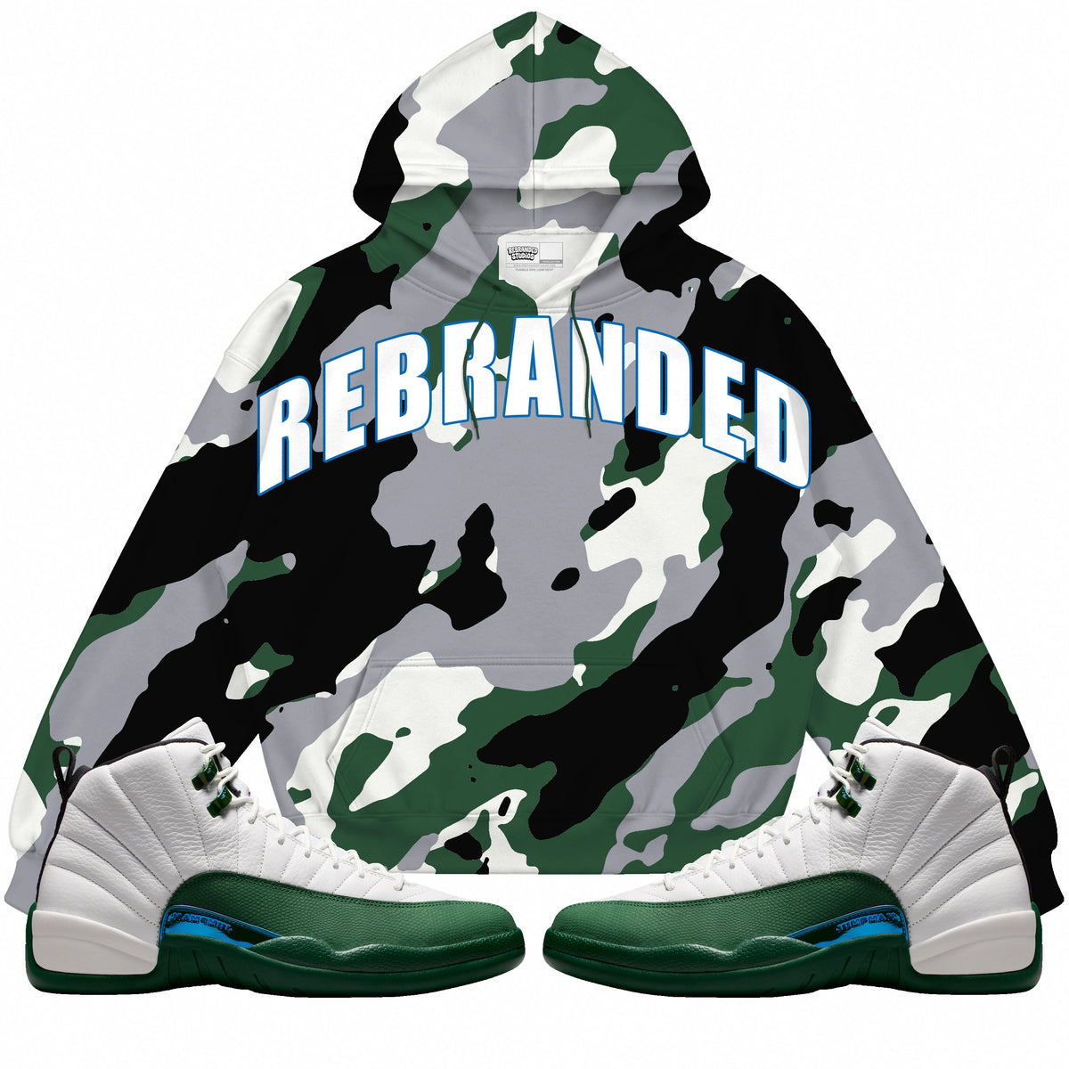 Rebranded Studios Arched Wordmark Air Jordan 12 Bucks Hoodie — main