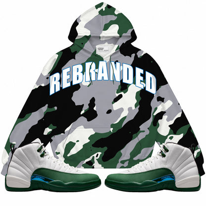 Rebranded Studios Arched Wordmark Air Jordan 12 Bucks Hoodie — main