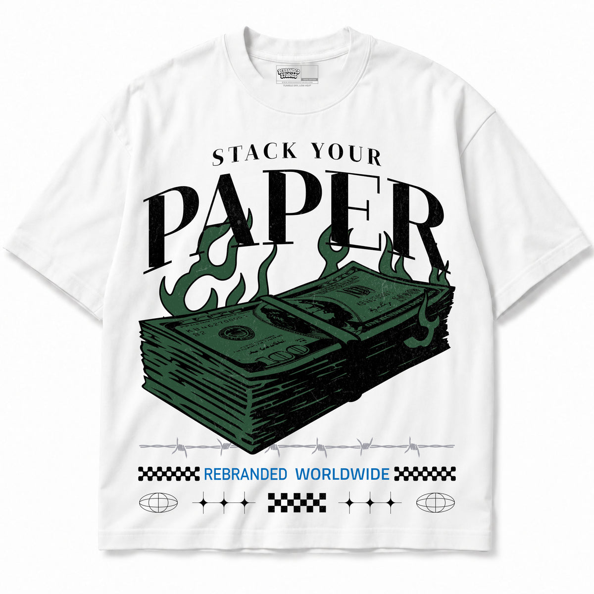 Rebranded Studios Stack Your Paper Air Jordan 12 Bucks T-shirt — front
