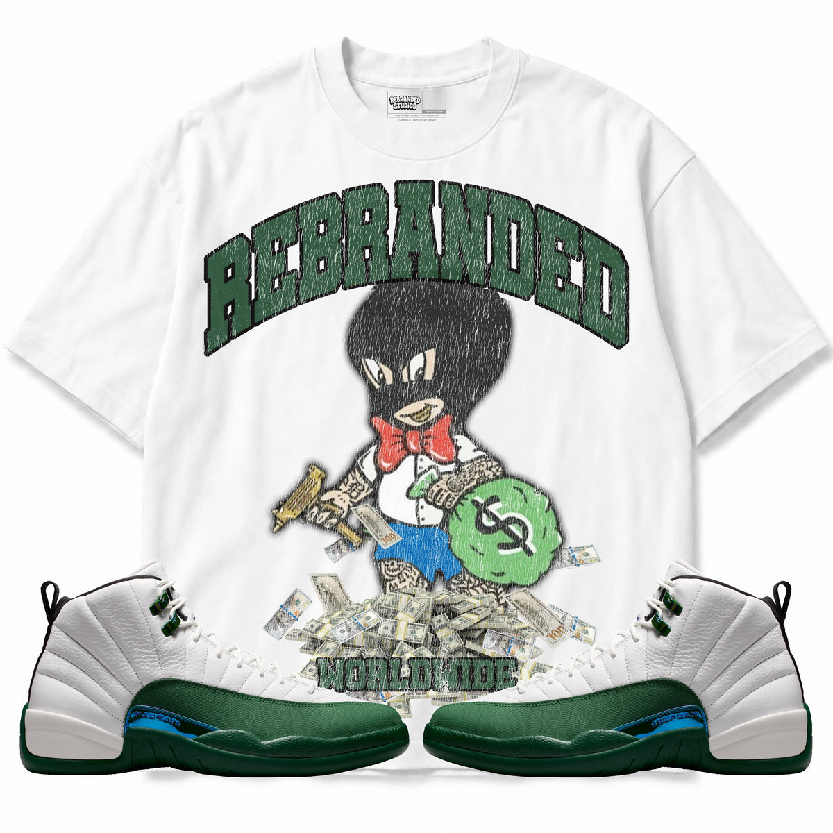Rebranded Studios Money Man Air Jordan 12 Bucks T-shirt — main