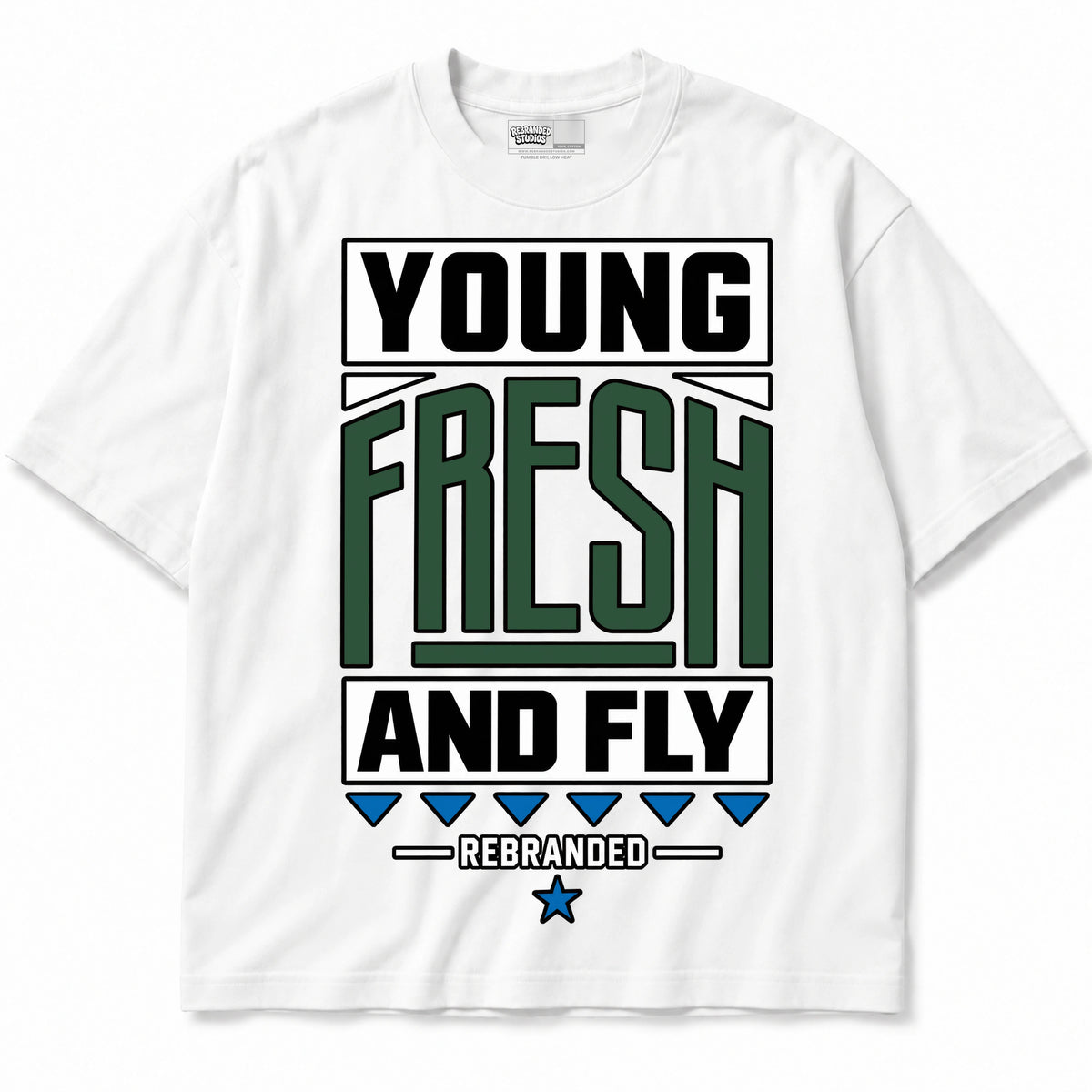 Rebranded Studios Young Fresh And Fly Air Jordan 12 Bucks T-shirt — front