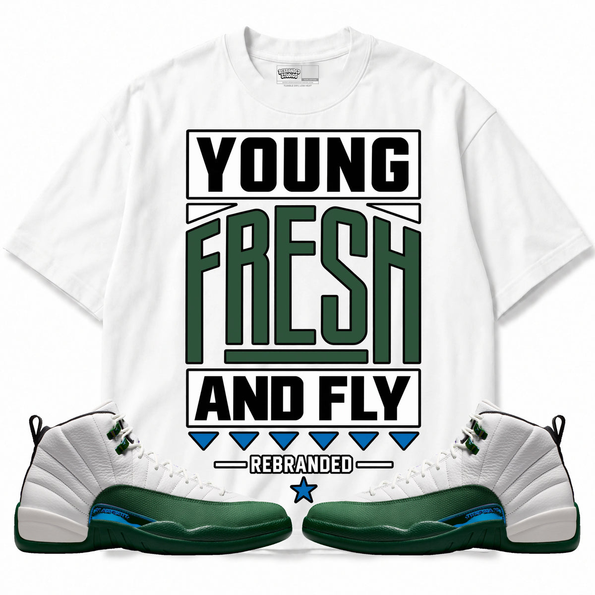 Rebranded Studios Young Fresh And Fly Air Jordan 12 Bucks T-shirt — main