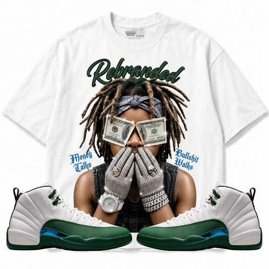 Rebranded Studios Money Talks Bullshit Walks 2.0 Air Jordan 12 Bucks T-shirt — main