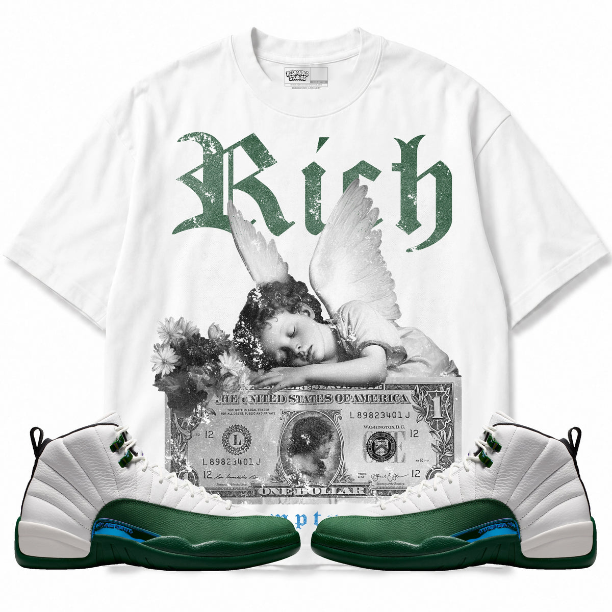 Rebranded Studios Rich But Empty Inside Air Jordan 12 Bucks T-shirt — main