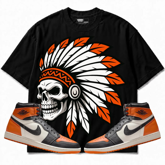 Rebranded Studios Chief 2.0 Air Jordan 1 Shattered Backboard Black shirt — front with sneakers
