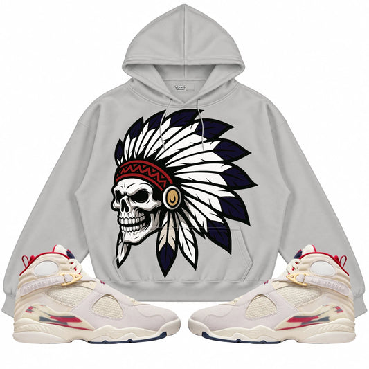 Rebranded Studios Chief 2.0 AIR JORDAN 8 X SOLEFLY “MI CASA ES SU CASA" Light Gray hoodie — front with sneakers