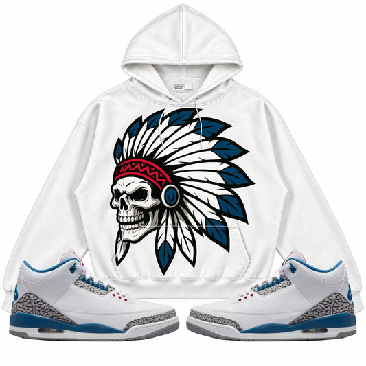 Rebranded Studios Chief 2.0 Air Jordan 3 True Blue White hoodie — front with sneakers