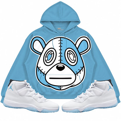 Rebranded Studios Rebranded Bear Air Jordan 11 Legend Blue Collection light blue hoodie — front with sneakers